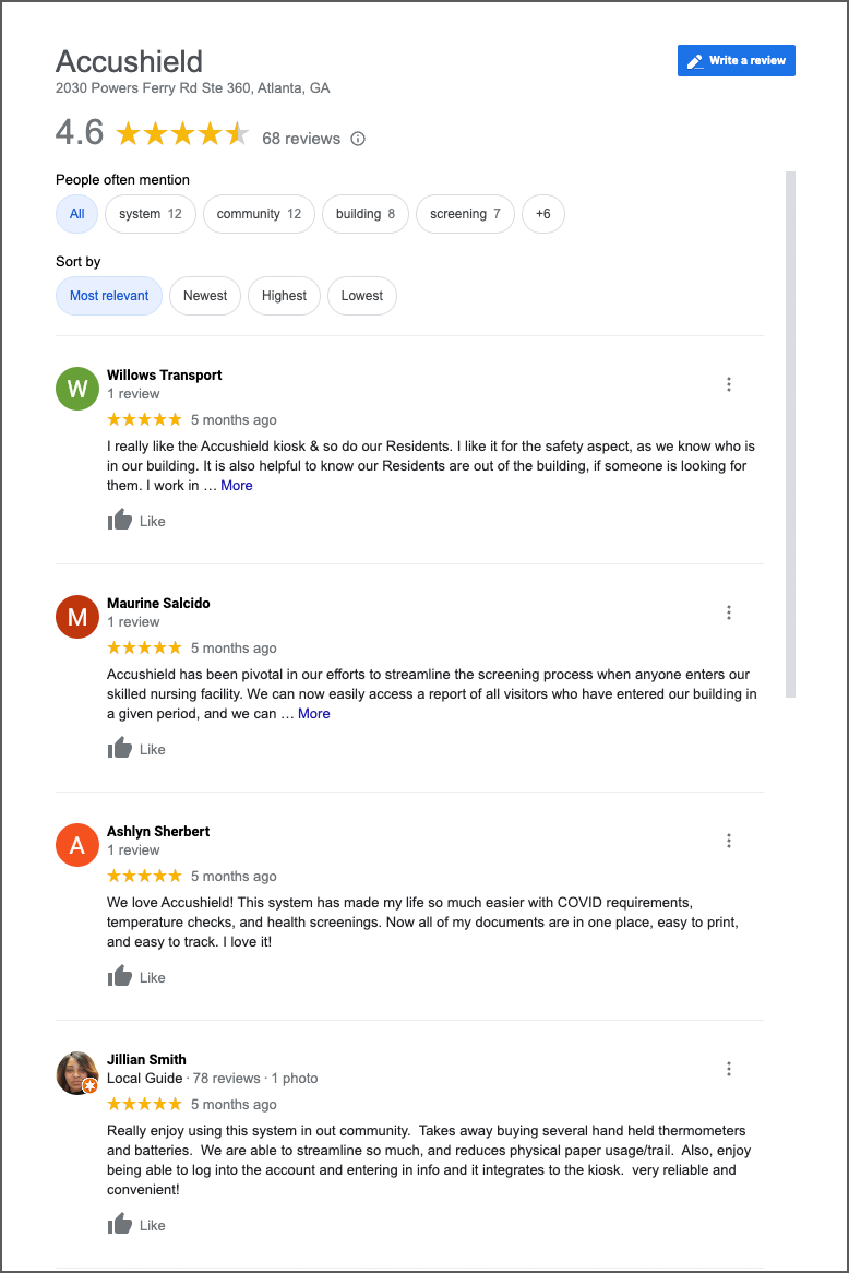 Accushield Google Business Review Page