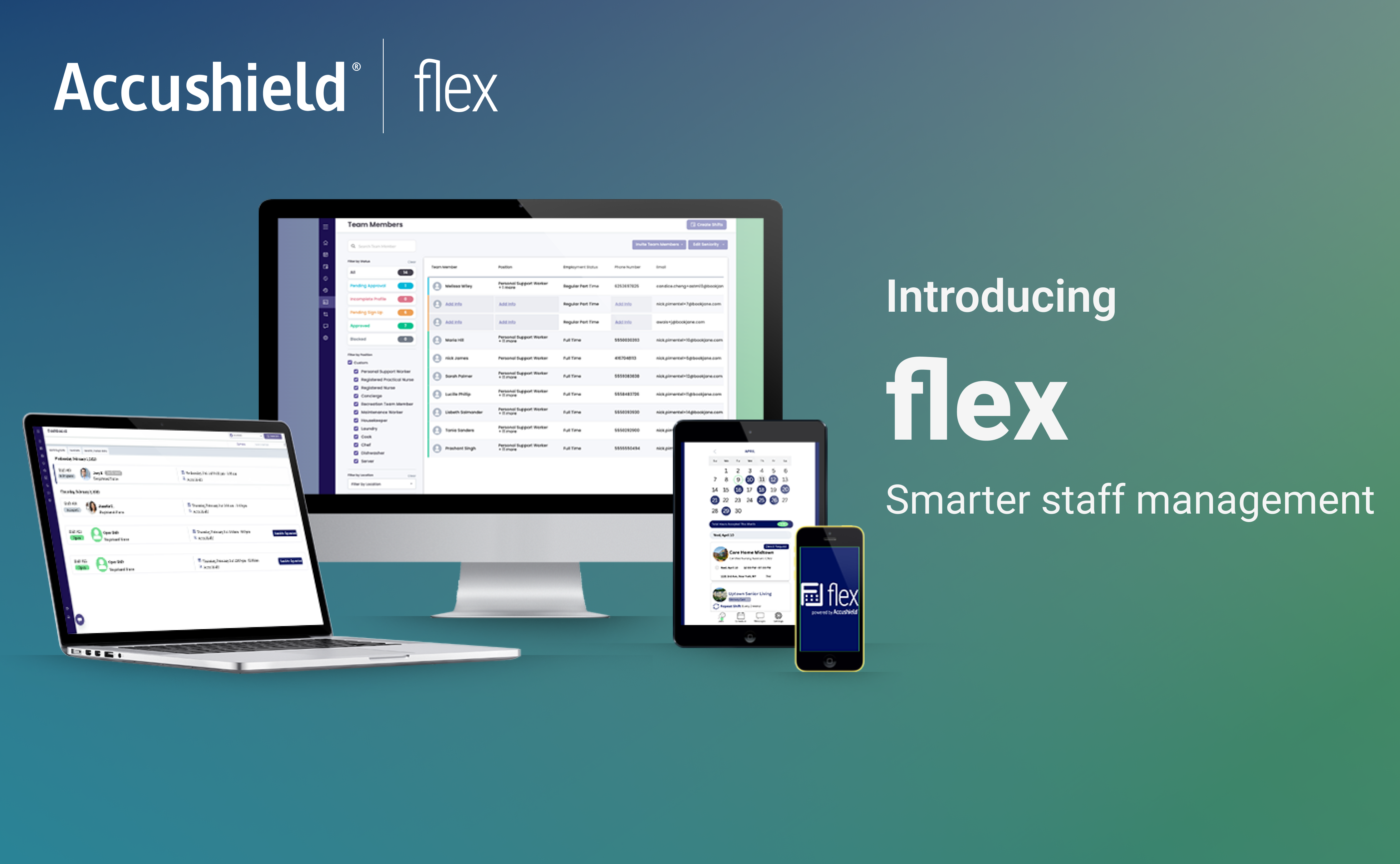 computers, tablet, and smartphone showcasing flex scheduling screens and logo