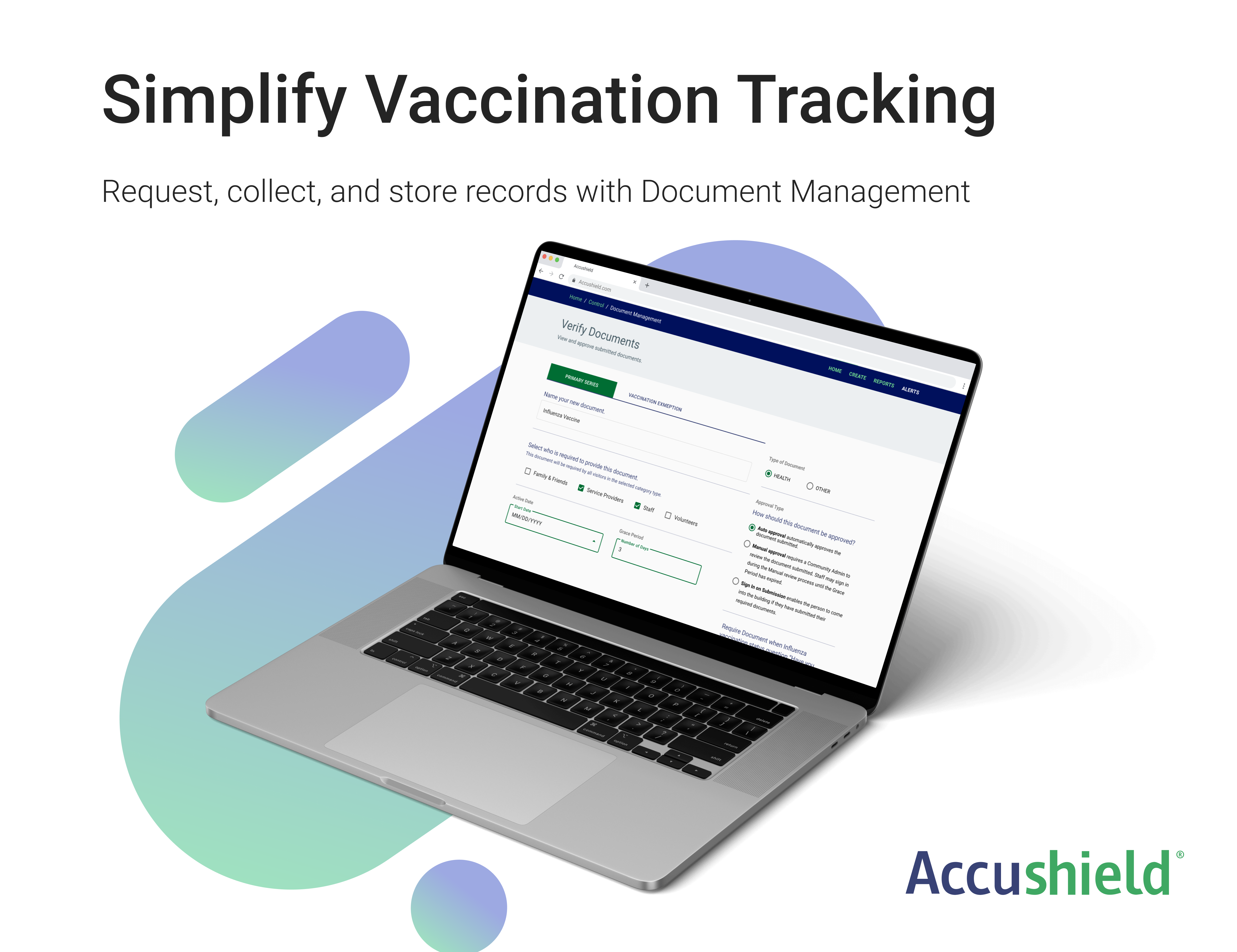 Laptop screen showing how to verify documents. Simplify vaccination tracking - request, collect, and store records with Document Management.