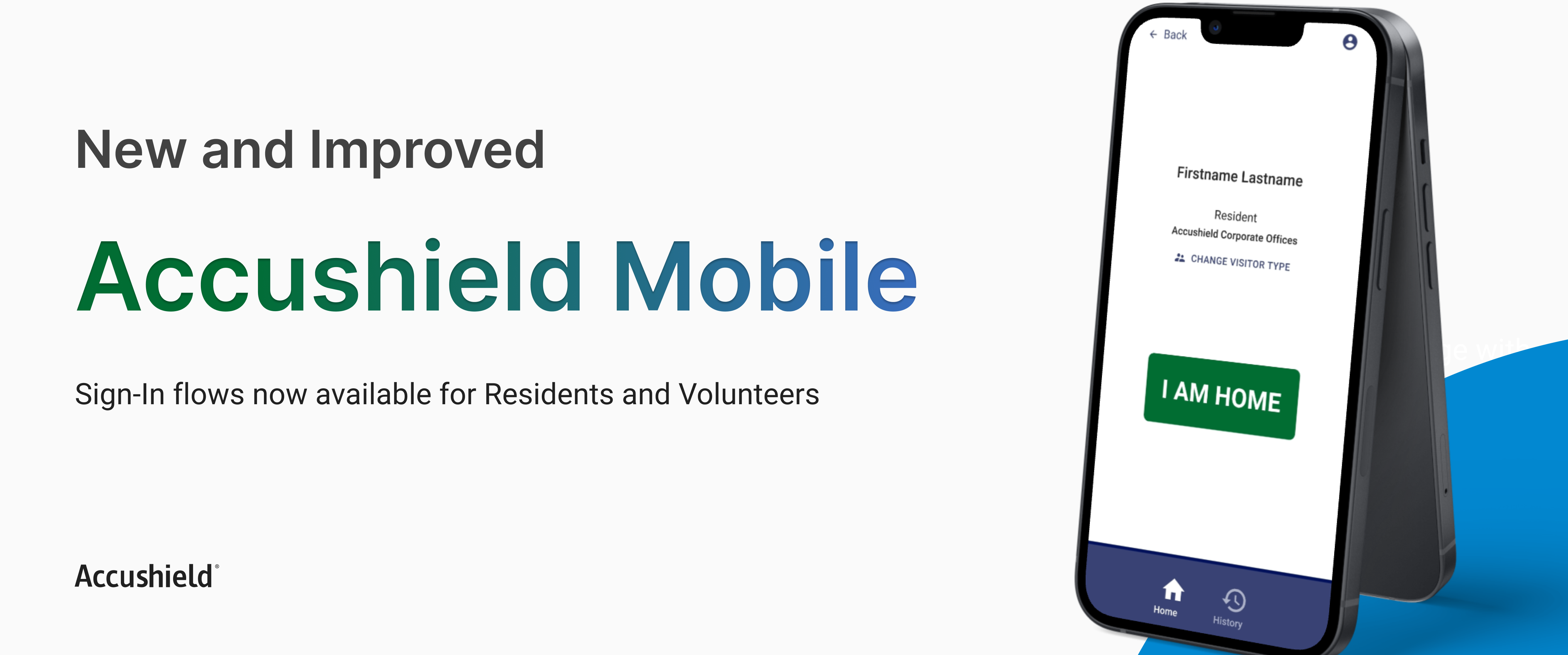 iphone screen showing new and improved Accushield Mobile app sign-in now available for residents and volunteers