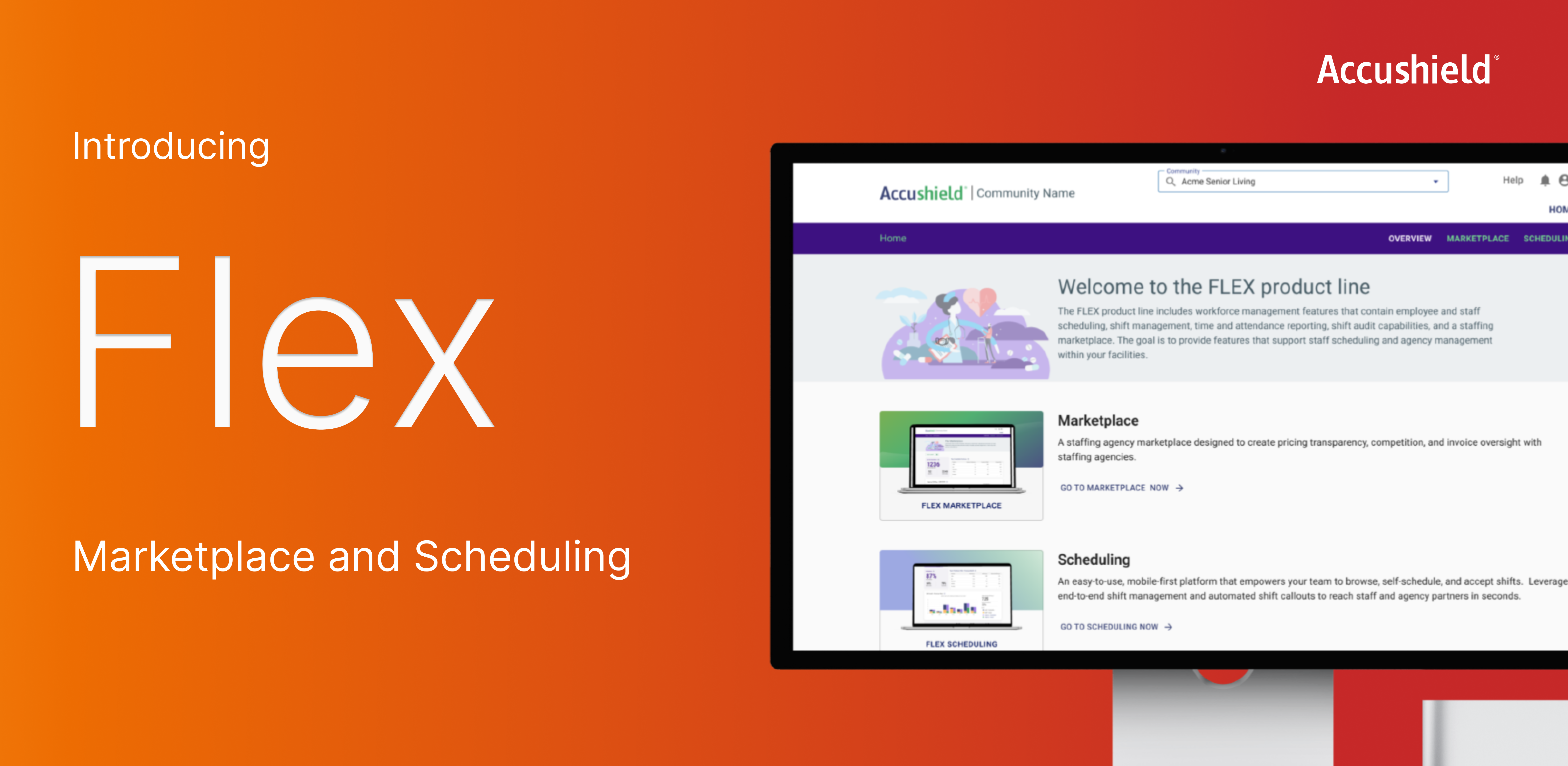 computer monitor showing Accushield's flexible staff scheduling and shift management dashboard, Flex, with two new screens Marketplace and Scheduling