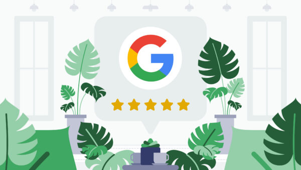 Illustrated Google reviews banner showing the Google logo with five gold stars surrounded by greenery, representing strong online reputation for senior living communities.