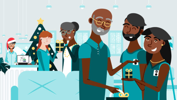 Festive senior living community scene showing staff, residents, and families exchanging gifts and connecting during the holidays, illustrating warm holiday connection for seniors.