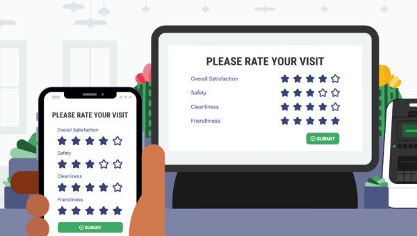 Senior living visitor feedback survey displayed on a digital kiosk and smartphone, helping communities improve resident satisfaction, family trust, and overall visitor experiences.