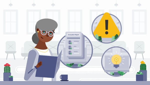 Illustration of a senior living community staff member reviewing an evacuation report alongside security icons representing safety alerts, visitor management, and emergency preparedness