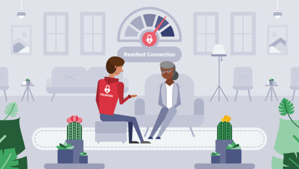 Illustration of a senior living volunteer engaging with a resident, with a “Resident Connection” gauge symbolizing the positive impact of social visit data on improving resident experience.