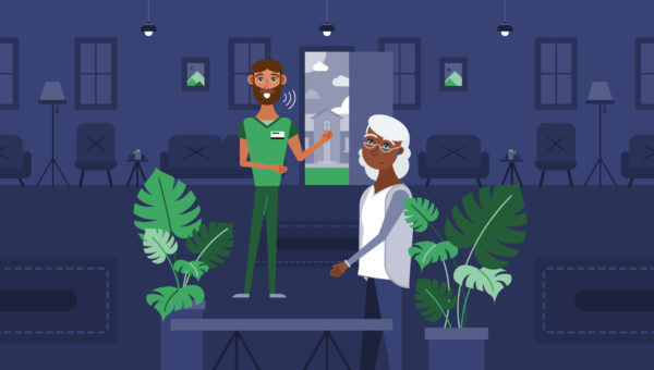 Senior living staff member greeting a resident in a secure lobby with evacuation plans and safety procedures in place.