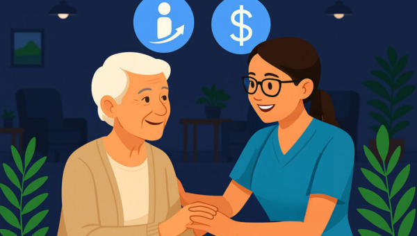Caregiver smiling and holding hands with an older adult, with icons above them symbolizing improved outcomes and cost savings—depicting value based care benefits in senior living.
