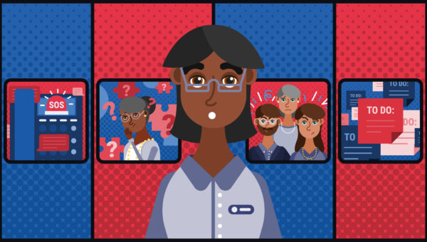 Illustration of a senior living concierge facing multiple challenges, including confused residents, emergencies, and task overload—highlighting tips for handling front desk stress with confidence.