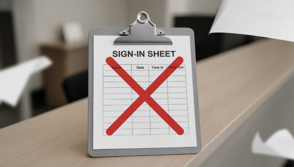 Paper sign in sheet with red X symbolizing outdated and insecure paper sign-in methods in senior living environments.