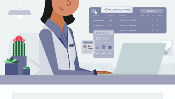 Illustration of a senior living receptionist sitting at a desk with a laptop, viewing visitor insights dashboards showing resident profiles, social visit history, and engagement charts, surrounded by small plants and a modern workspace background.