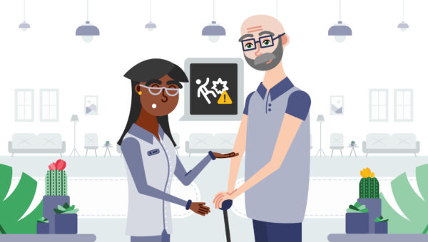 Illustration of a caregiver supporting a senior with a cane, symbolizing fall prevention in senior living communities.