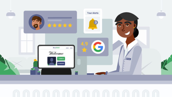 Senior living professional at Accushield sign-in kiosk with tour alerts, 5-star reviews, and 4.9 Google rating to convert senior living leads into residents.