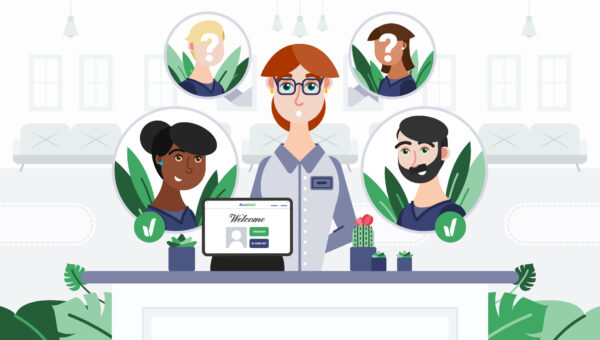 Illustrated concierge at a senior living front desk using a digital sign-in kiosk for credential verification, reviewing visitors with approved and unknown status indicators.