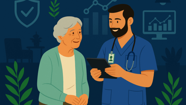 Healthcare professional using digital technology to support an elderly resident, representing value-based care in senior living through data-driven insights and improved outcomes.
