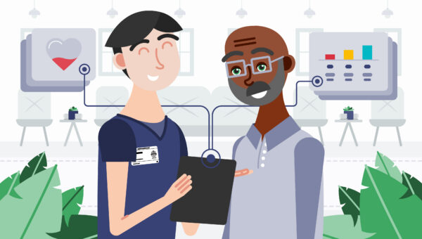 Illustration of senior living staff using healthcare technology and data analytics to support value-based care, resident wellness, and personalized care coordination in a senior living community.