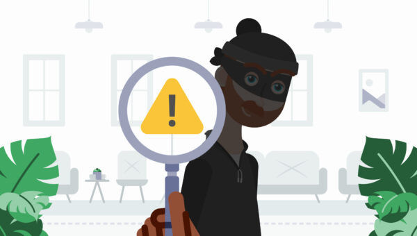 Illustration of a masked intruder in a senior living community with a warning sign, symbolizing the importance of theft prevention and safety awareness in senior living environments.