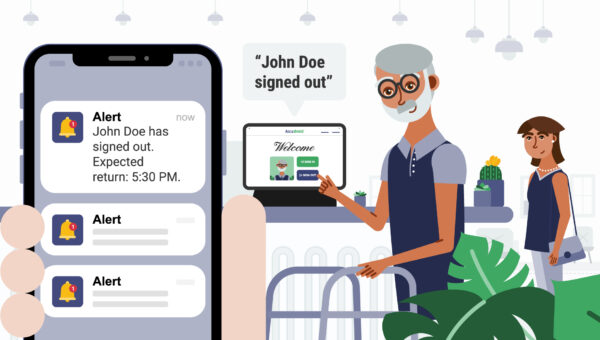 Digital resident sign-out alert notification on mobile phone showing John Doe has signed out, with senior resident signing out at the Accushield kiosk in a senior living community.