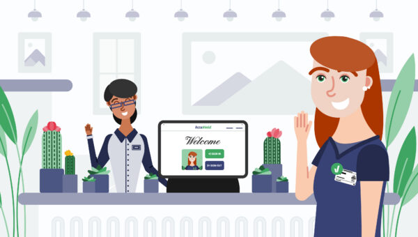 Front desk staff using an Assisted Living Visitor Management System to greet and verify visitors with a digital sign-in kiosk, enhancing safety, first impressions, and real-time visibility in senior living.