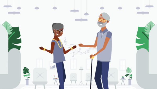 Illustration of two seniors smiling and interacting in a welcoming senior living community lobby, highlighting connection and positive resident experience.