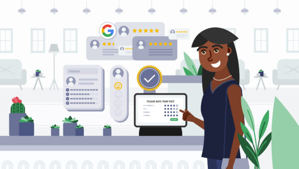 Senior living visitor completing a digital check-in and rating experience on a kiosk, with Google reviews and satisfaction ratings displayed, illustrating how visitor feedback impacts CCRC rankings.
