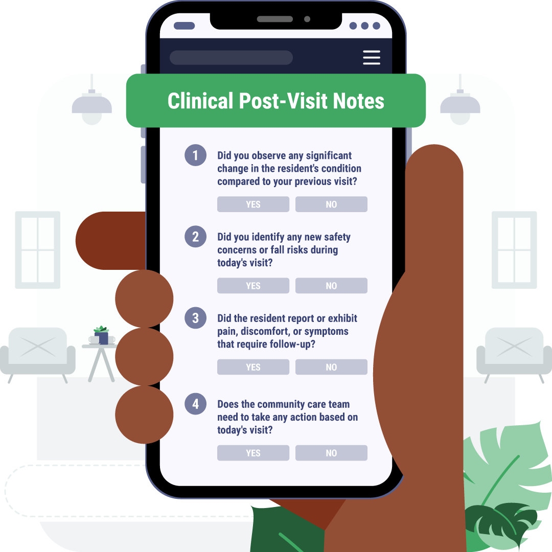 Care Visit Notes structured question flow on a phone
