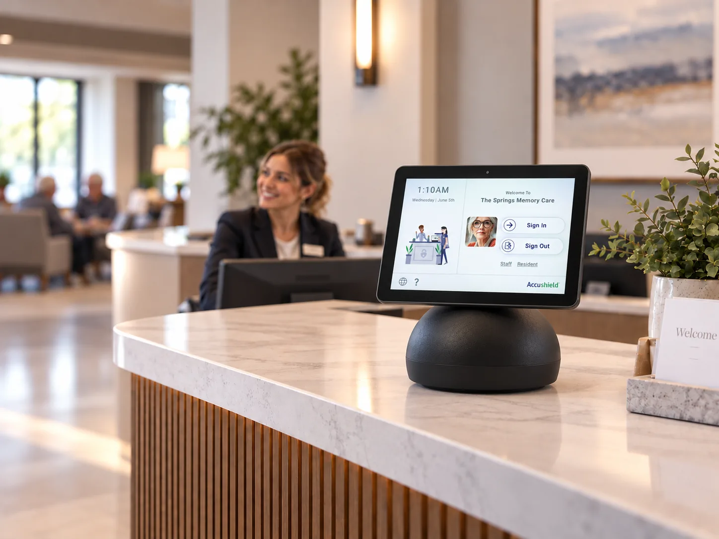 10-inch kiosk on a senior living reception desk with a concierge