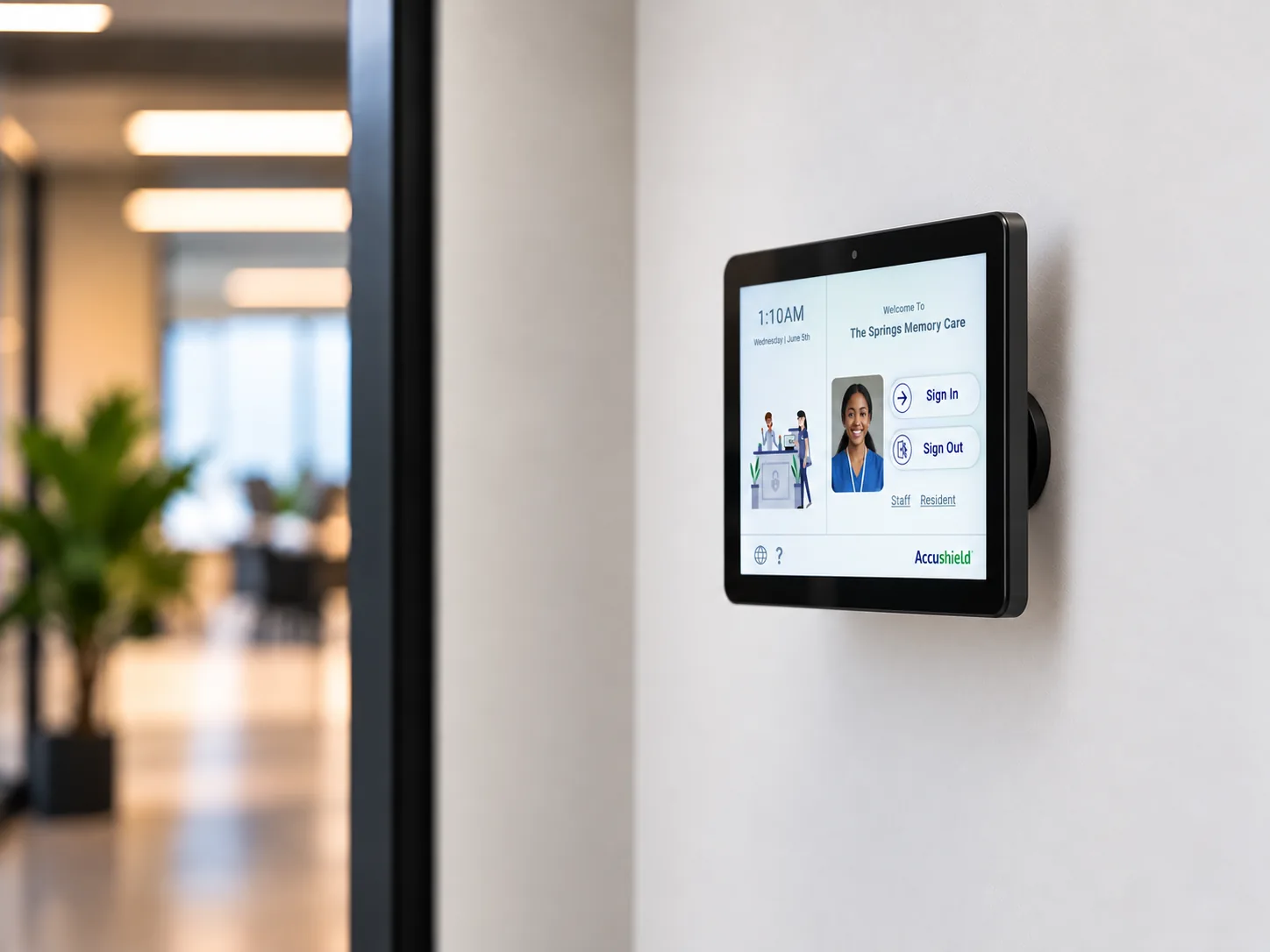 10-inch wall-mounted kiosk at a staff entrance hallway