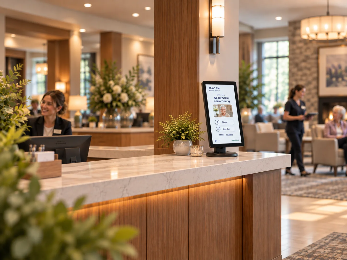 Accushield 15-inch visitor management kiosk in portrait orientation on a senior living lobby reception counter